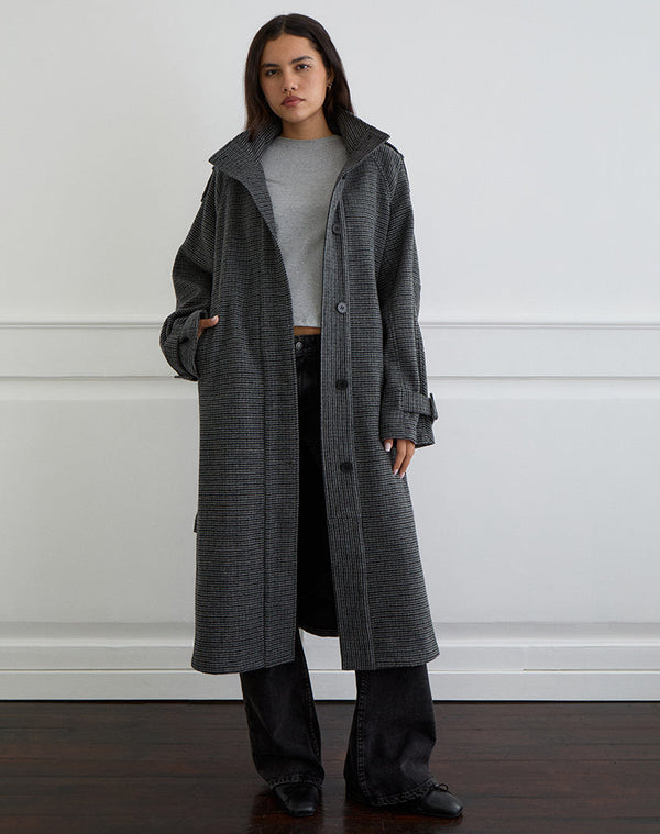 Motel Rocks Ravari Belted Trench Coat In Charcoal Check