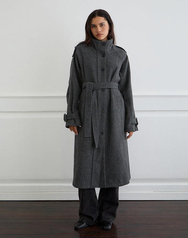 motel rocks Ravari Belted Trench Coat in Charcoal Check