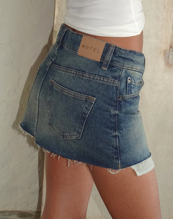 Motel Rocks Raw Mini Skirt In Steel Blue With Pockets
