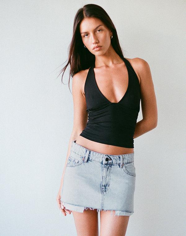 Motel Rocks Raw Mini Skirt Pockets In 80's Light Blue