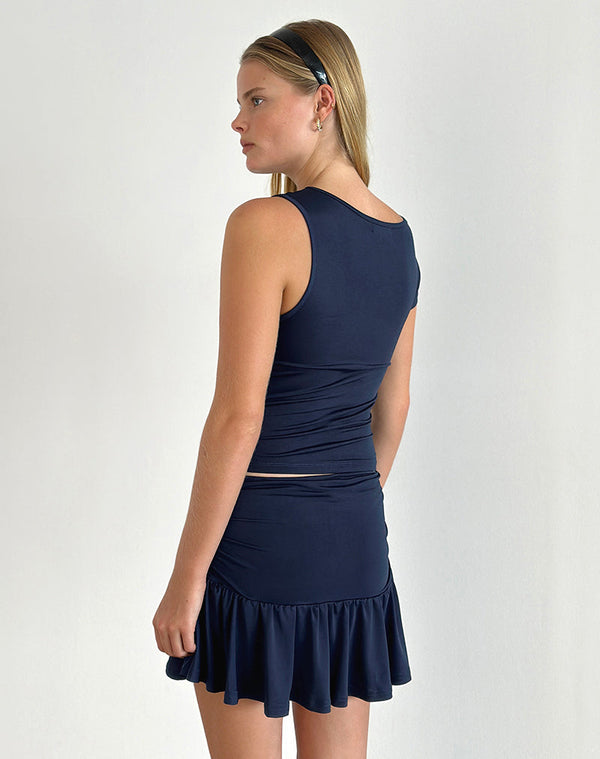 Motel Rocks Rayla Top In Lycra Dark Navy With Red Rosette