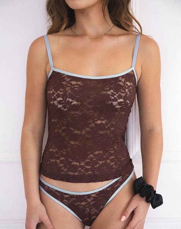 motel rocks Redum Cami Top in Chocolate Lace with Blue Binding