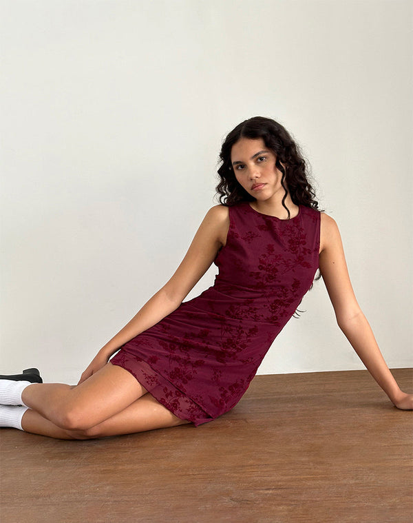 motel rocks Renata Mini Dress in Flocked Botanical Flower Maroon