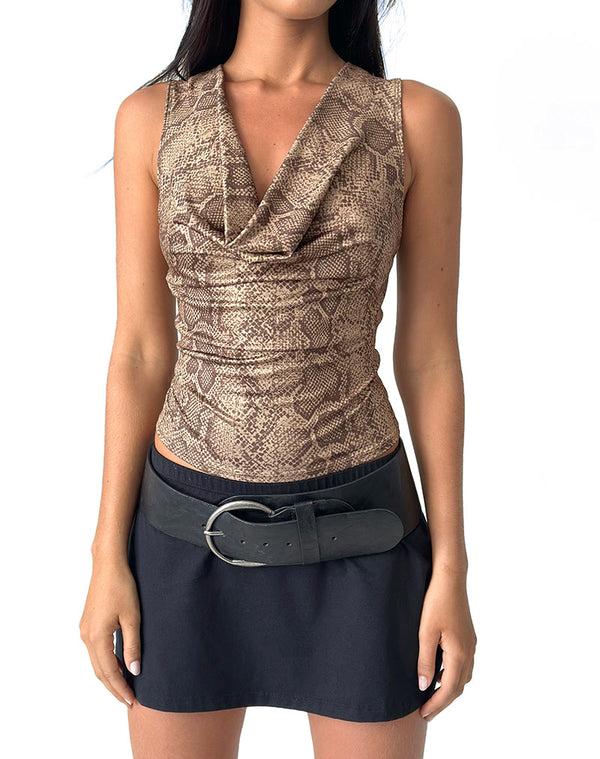 Motel Rocks Rexine Cowl Neck Top In Brown Snake Print