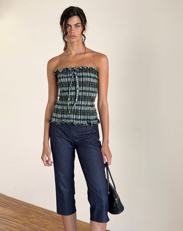 Motel Rocks Rigia Bandeau Top In Linen Mono Check Green