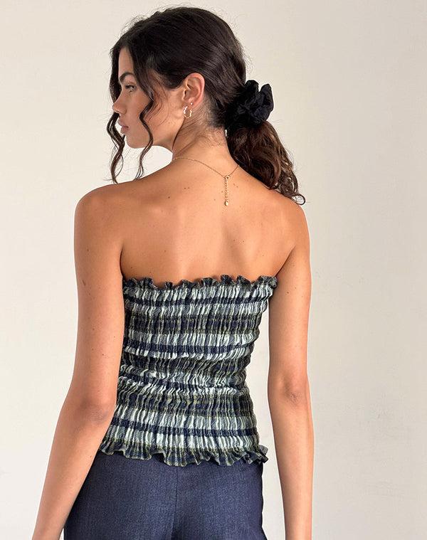 Motel Rocks Rigia Bandeau Top In Linen Mono Check Green