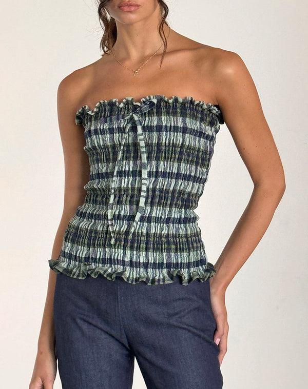 motel rocks Rigia Bandeau Top in Linen Mono Check Green