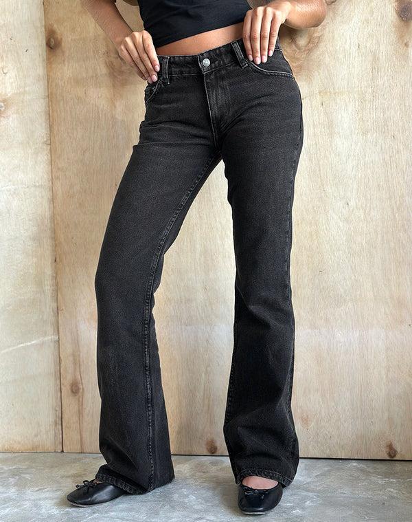 Motel Rocks Rigid Low Rise Flare Jeans In Washed Black Grey
