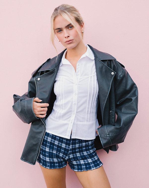 motel rocks Ritala Shirred Micro Shorts in Tartan Dark Blue