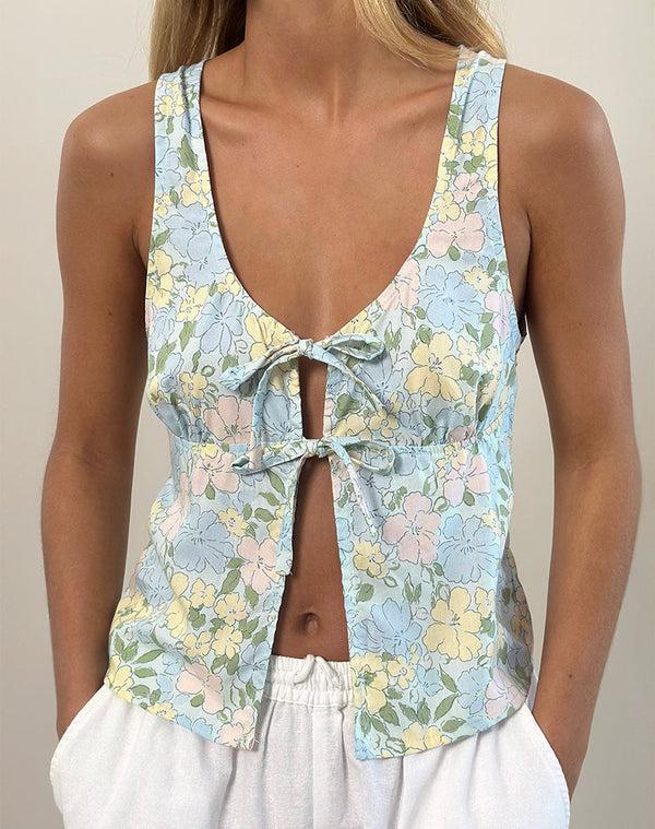 Motel Rocks Rodite Tie Front Top In Washed Out Pastel Floral