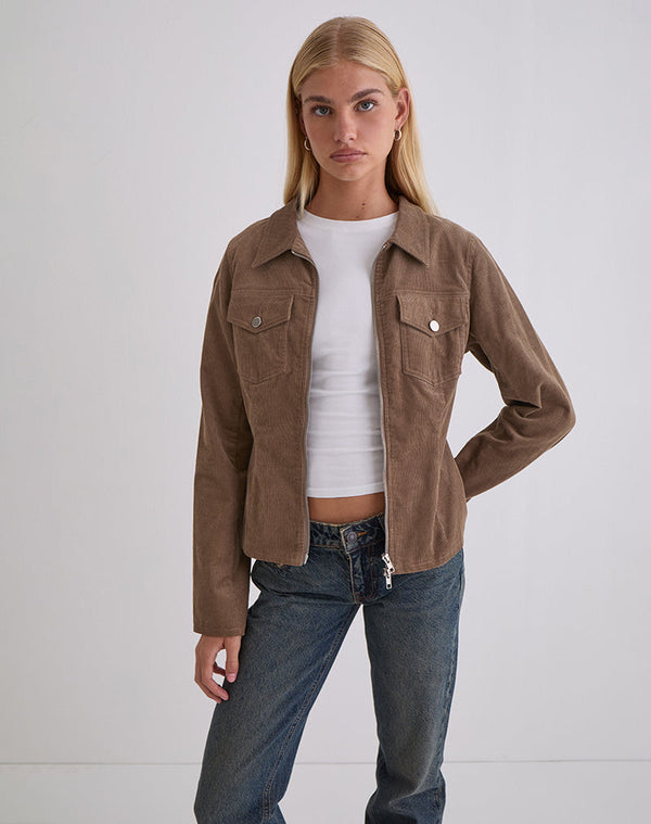 Motel Rocks Rohana Fitted Jacket In Baby Cord Walnut Brown