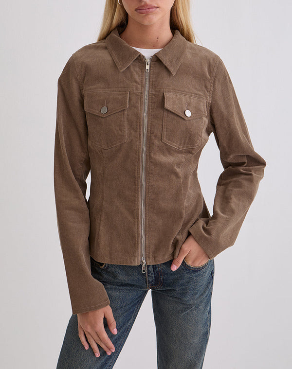 Motel Rocks Rohana Fitted Jacket In Baby Cord Walnut Brown