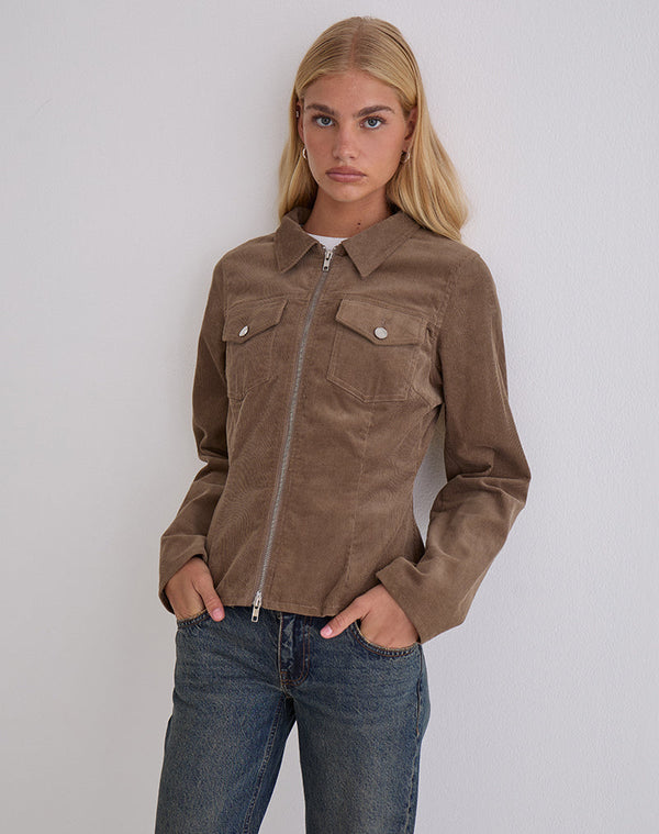 motel rocks Rohana Fitted Jacket in Baby Cord Walnut Brown
