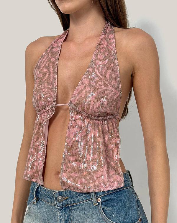 Motel Rocks Rokudo Halterneck Top In Boho Batik Sequin Pink
