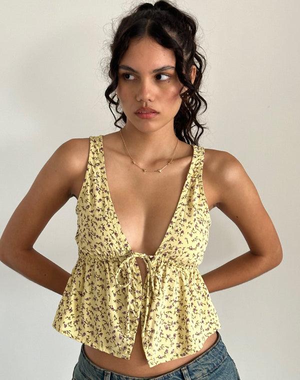 Motel Rocks Rolia Tie Front Top In Flowing Flower Yellow