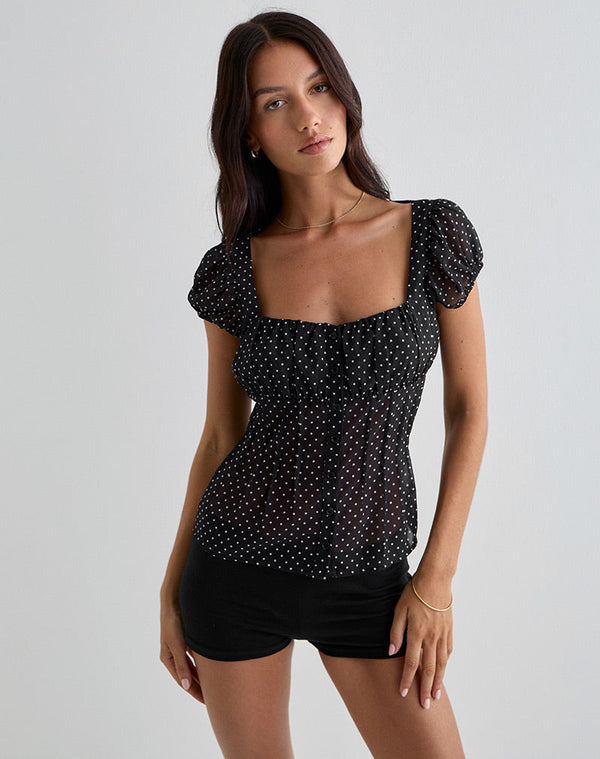 motel rocks Rolina Blouse in Chiffon Mini Polka Black