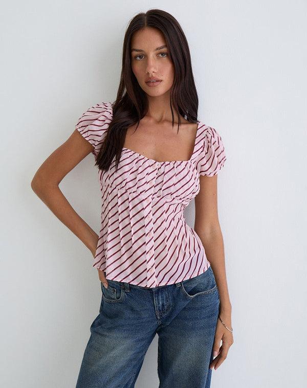 motel rocks Rolina Blouse in Chiffon Stripe Pink and Burgundy