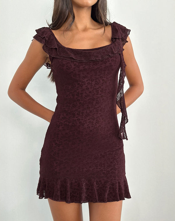 Motel Rocks Rolita Mini Dress In Ditsy Flock Burnt Maroon