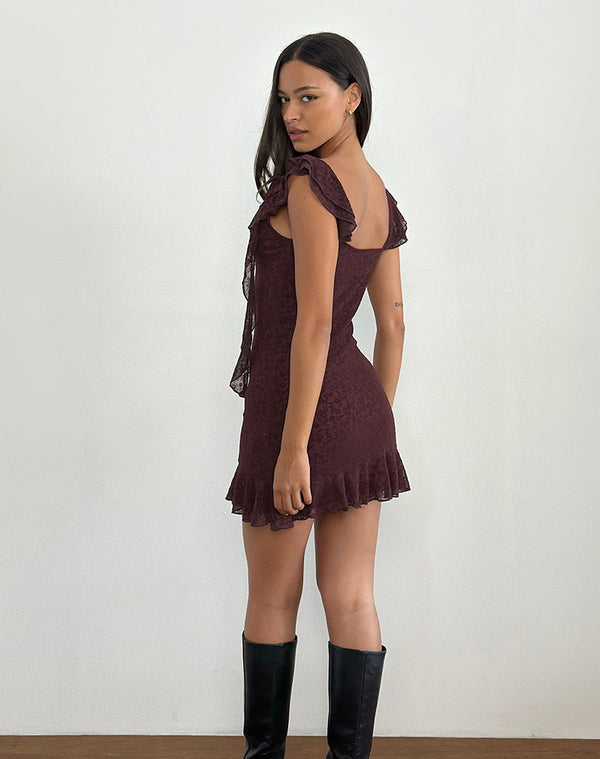 Motel Rocks Rolita Mini Dress In Ditsy Flock Burnt Maroon