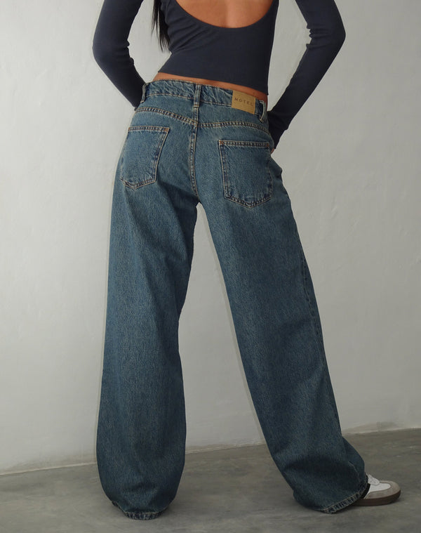 Motel Rocks Roomy Extra Wide Low Rise Jeans In Brown Blue Acid
