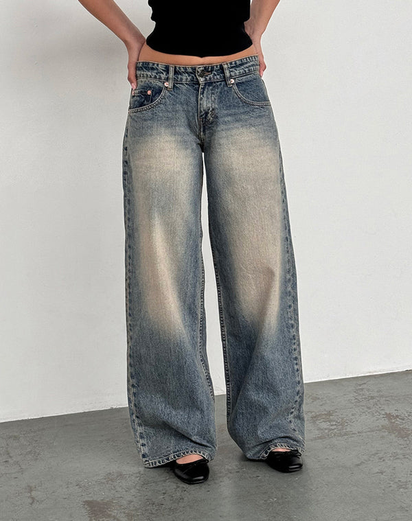 Motel Rocks Roomy Extra Wide Low Rise Jeans In Dirty Blue