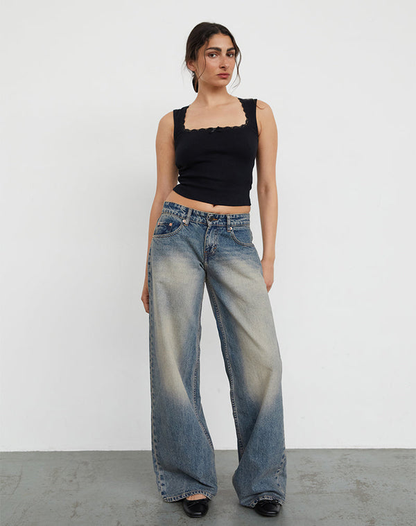 motel rocks Roomy Extra Wide Low Rise Jeans in Dirty Blue
