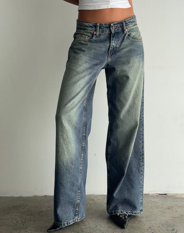 Motel Rocks Roomy Extra Wide Low Rise Jeans In Extreme Blue Green