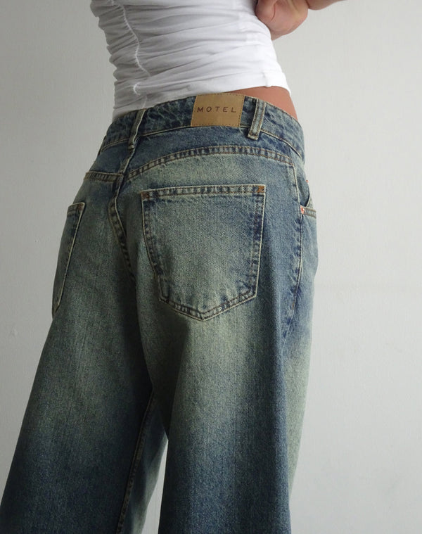 Motel Rocks Roomy Extra Wide Low Rise Jeans In Extreme Blue Green