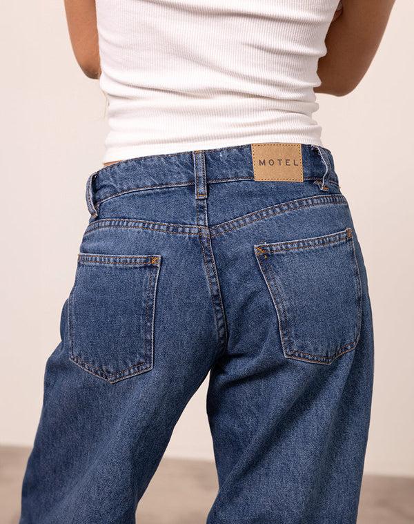 Motel Rocks Roomy Extra Wide Low Rise Jeans In Mid Blue Used