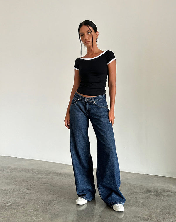 Motel Rocks Roomy Extra Wide Low Rise Jeans In Mid Indigo Blue