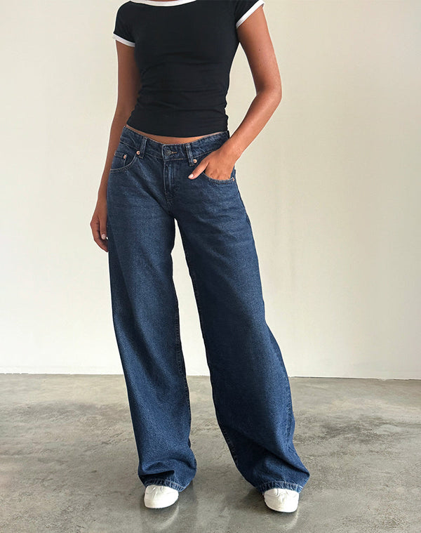 motel rocks Roomy Extra Wide Low Rise Jeans in Mid Indigo Blue