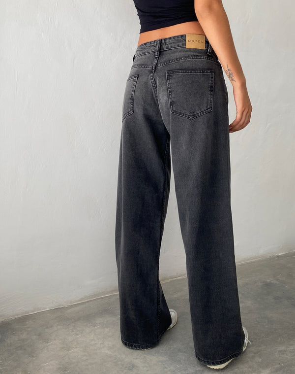 Motel Rocks Roomy Extra Wide Low Rise Jeans In Washed Black Grey