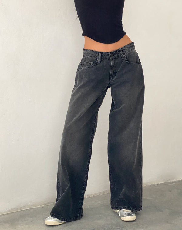 motel rocks Roomy Extra Wide Low Rise Jeans in Washed Black Grey