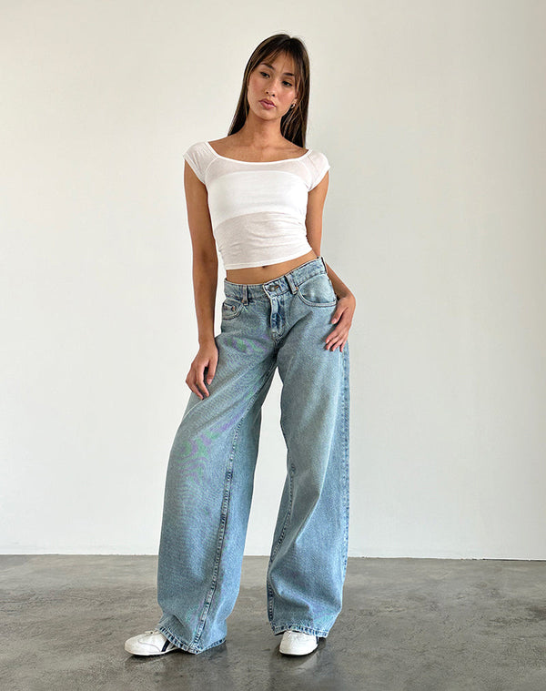 Motel Rocks Roomy Extra Wide Low Rise Jeans In Washed Blue Green