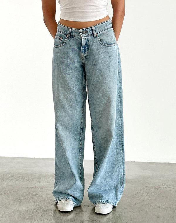 Motel Rocks Roomy Extra Wide Low Rise Jeans In Washed Blue Green