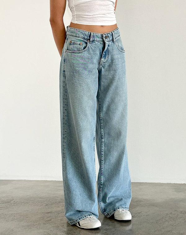 motel rocks Roomy Extra Wide Low Rise Jeans in Washed Blue Green