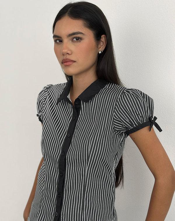 Motel Rocks Rosabe Blouse In Black And Grey Monostripe