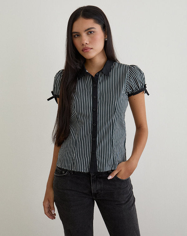 motel rocks Rosabe Blouse in Black and Grey Monostripe