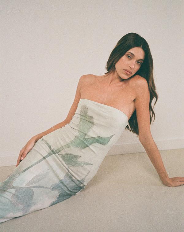 Motel Rocks Rosbandi Bandeau Midi Dress In Abstract Painted Flower Blue