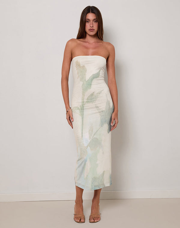 Motel Rocks Rosbandi Bandeau Midi Dress In Abstract Painted Flower Blue
