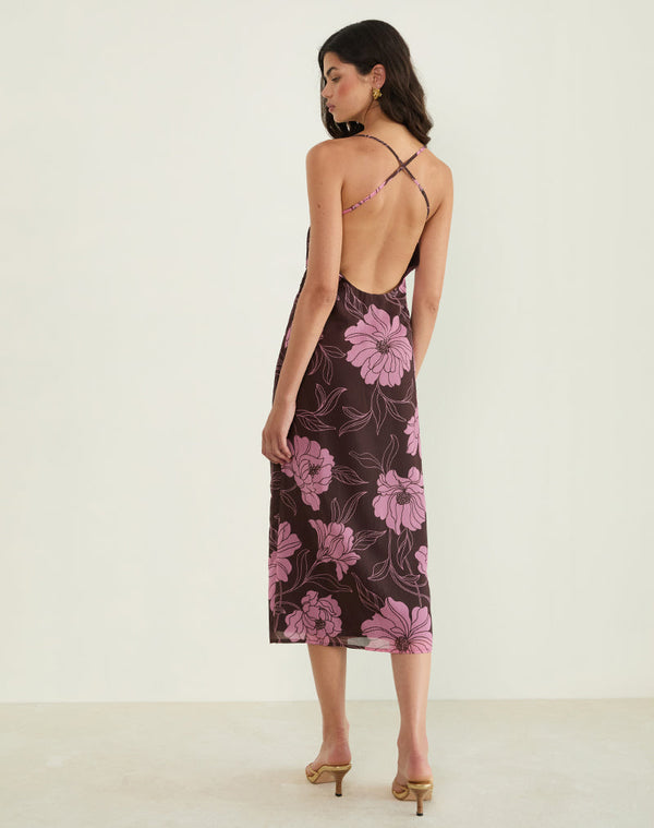 Motel Rocks Rujira Cowl Midi Dress In Flare Floral Pink Brown