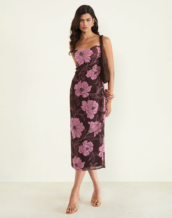 Motel Rocks Rujira Cowl Midi Dress In Flare Floral Pink Brown