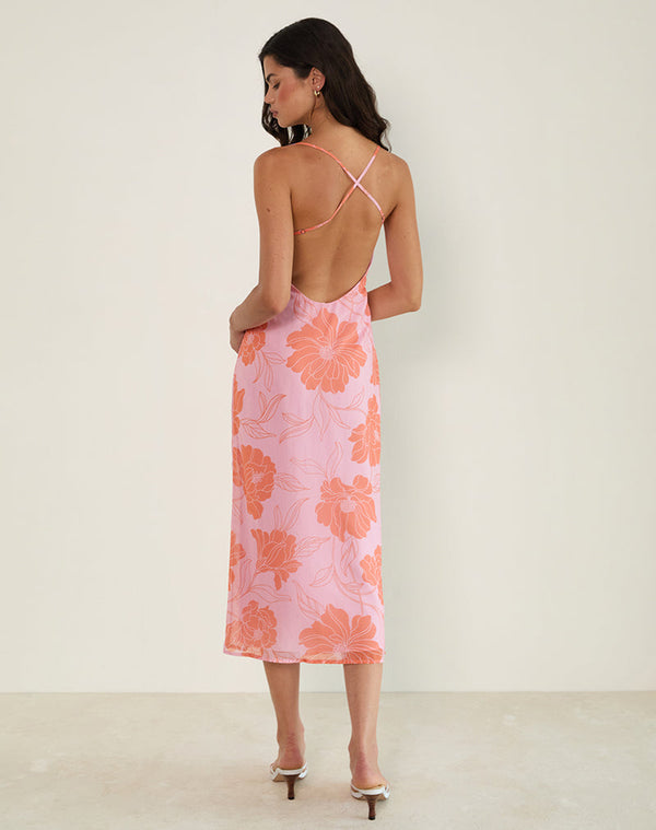 Motel Rocks Rujira Cowl Midi Dress In Floral Pink Orange