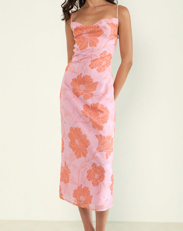 Motel Rocks Rujira Cowl Midi Dress In Floral Pink Orange