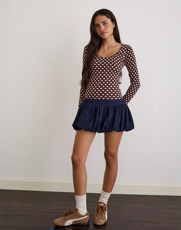 Motel Rocks Rumini Long Sleeve Top In Brown With Small Polka Cream