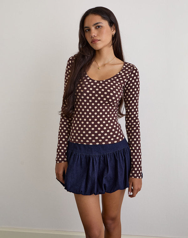 Motel Rocks Rumini Long Sleeve Top In Brown With Small Polka Cream