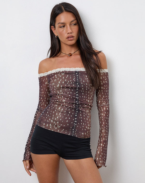 Motel Rocks Rusaka Bardot Top In Mesh Deer Print Brown