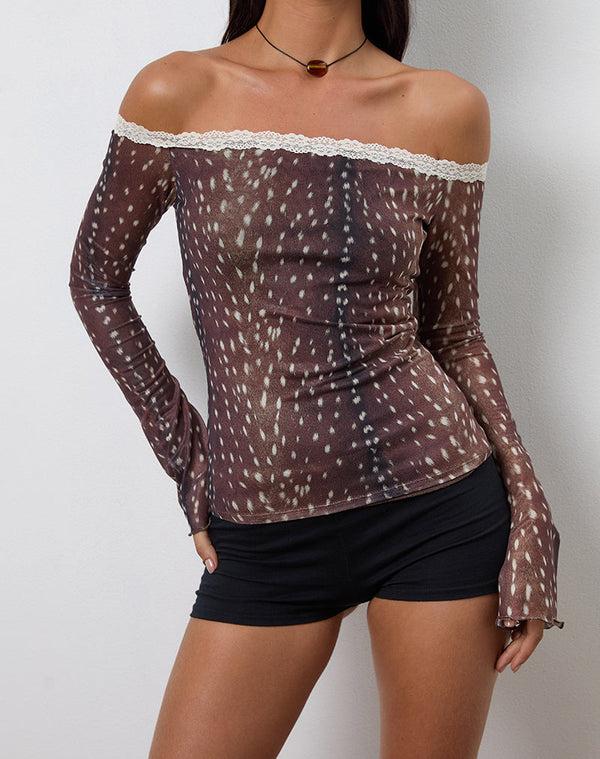 motel rocks Rusaka Bardot Top in Mesh Deer Print Brown