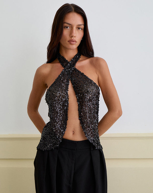 Motel Rocks Ruway Unlined Scarf Top In Sequin Black