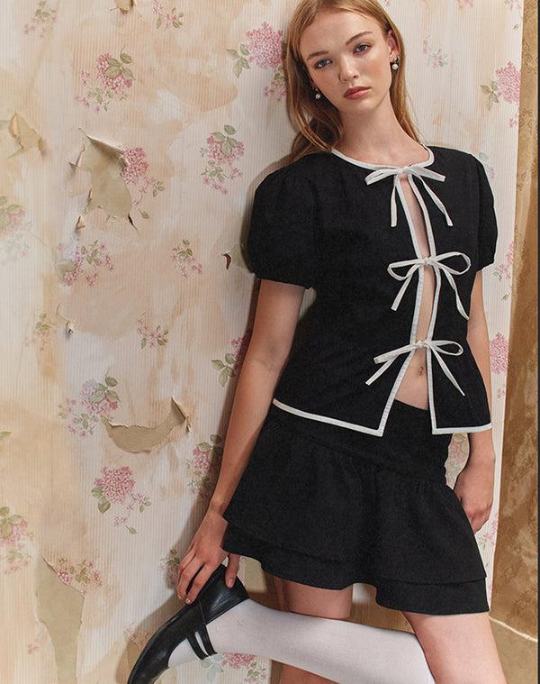 Motel Rocks Ryota Tie Front Blouse In Black With White Binding